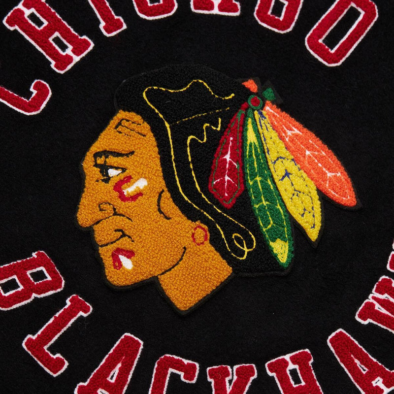 NHL BLACK OUT COLLECTION VARSITY JACKET CURRENT LOGO BLACKHAWKS Black JK11349-CBHBLCK - Image 5 NHL BLACK OUT COLLECTION VARSITY JACKET CURRENT LOGO BLACKHAWKS Black JK11349-CBHBLCK - Image 5