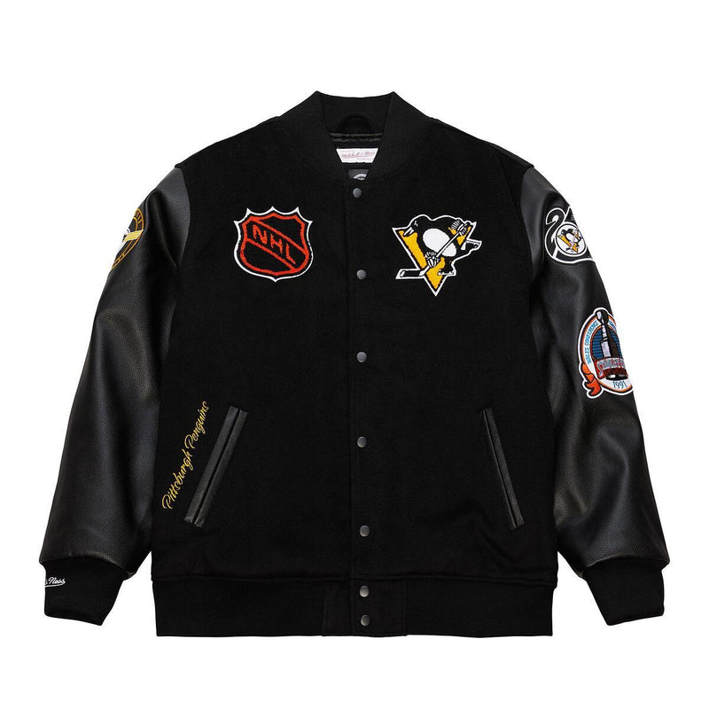 NHL BLACK OUT COLLECTION VARSITY JACKET CURRENT LOGO PENGUINS Black JK11349-PPEBLCK - Image 1 NHL BLACK OUT COLLECTION VARSITY JACKET CURRENT LOGO PENGUINS Black JK11349-PPEBLCK - Image 1