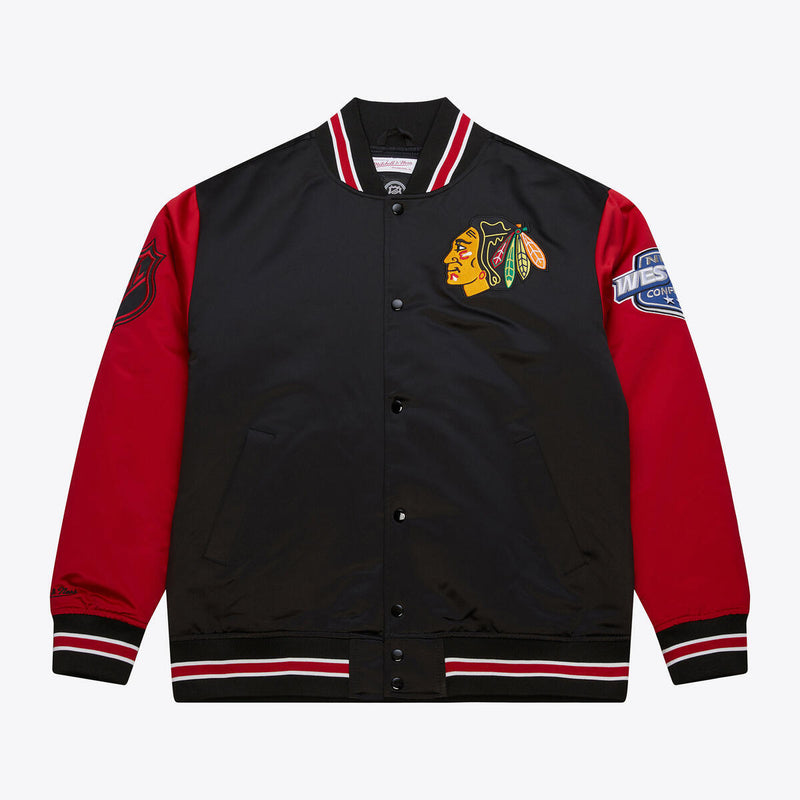 NHL PRIMETIME HEAVYWEIGHT SATIN JACKET CURRENT LOGO BLACKHAWKS Black JK8077-CBHBLCK - Image 1 NHL PRIMETIME HEAVYWEIGHT SATIN JACKET CURRENT LOGO BLACKHAWKS Black JK8077-CBHBLCK - Image 1