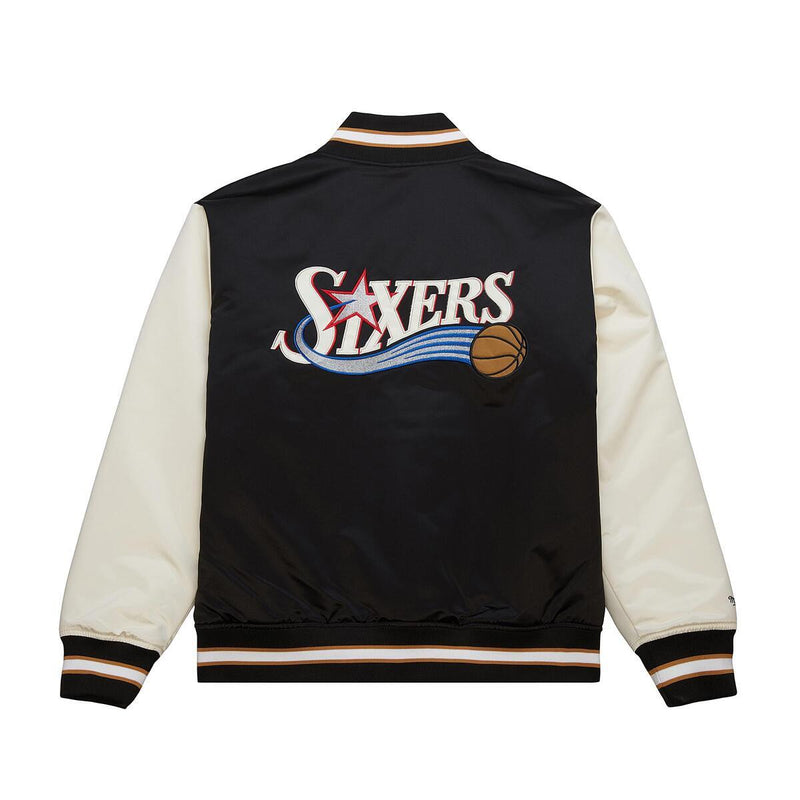 NBA PRIMETIME HEAVYWEIGHT SATIN JACKET VINTAGE LOGO 76ERS Black-Cream JK8453-P76BKCR - Image 1 NBA PRIMETIME HEAVYWEIGHT SATIN JACKET VINTAGE LOGO 76ERS Black-Cream JK8453-P76BKCR - Image 1