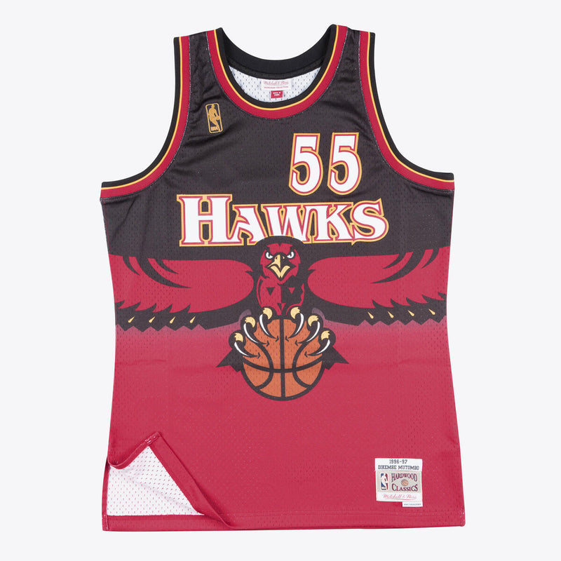 NBA SWINGMAN ROAD JERSEY HAWKS 1996 DIKEMBE MUTOMBO - Scarlet - Image 1 NBA SWINGMAN ROAD JERSEY HAWKS 1996 DIKEMBE MUTOMBO - Scarlet - Image 1