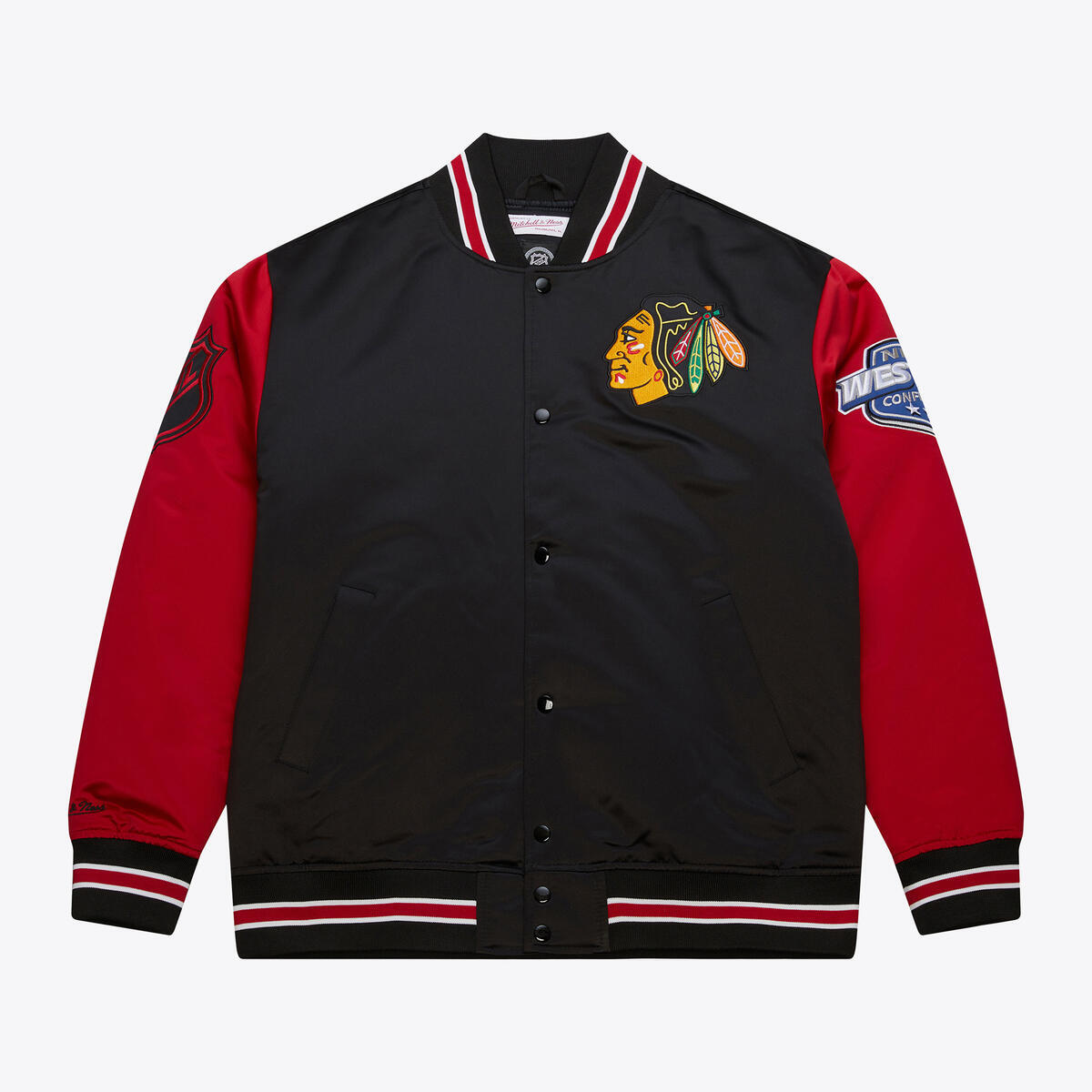 NHL PRIMETIME HEAVYWEIGHT SATIN JACKET CURRENT LOGO BLACKHAWKS Black JK8077-CBHBLCK - Image 1