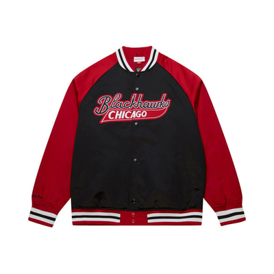 NHL DOUBLE CLUTCH LW SATIN JACKET VINTAGE LOGO BLACKHAWKS BLACK-SCARLET JK9196-CBHBKSC - Image 1